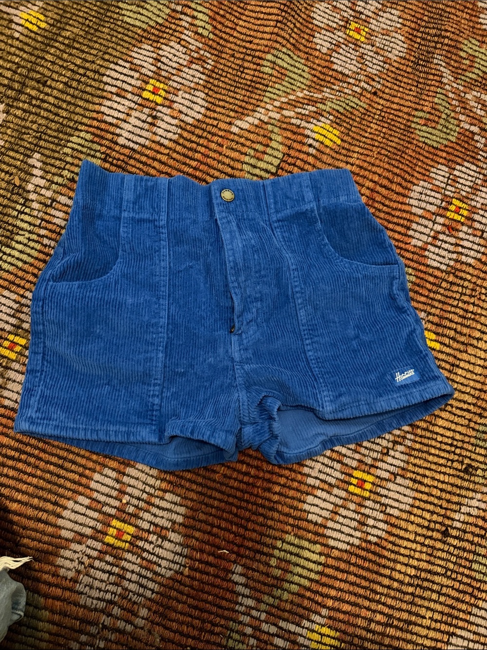 High-Waist Blue Corduroy Shorts with Front Pockets - Unbranded